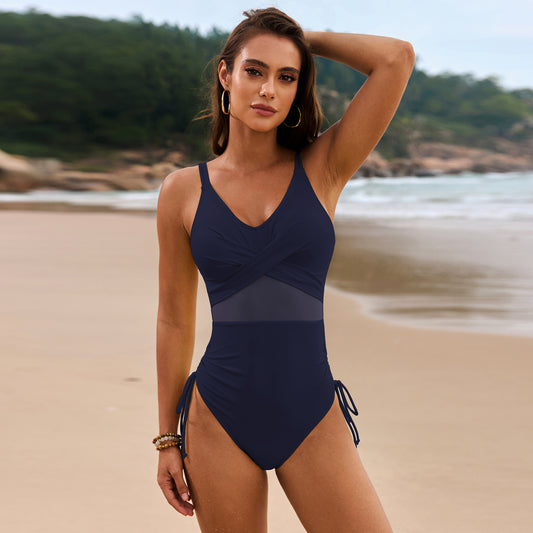 Drawstring Ruched V-Neck One-Piece Swimwear - felvior