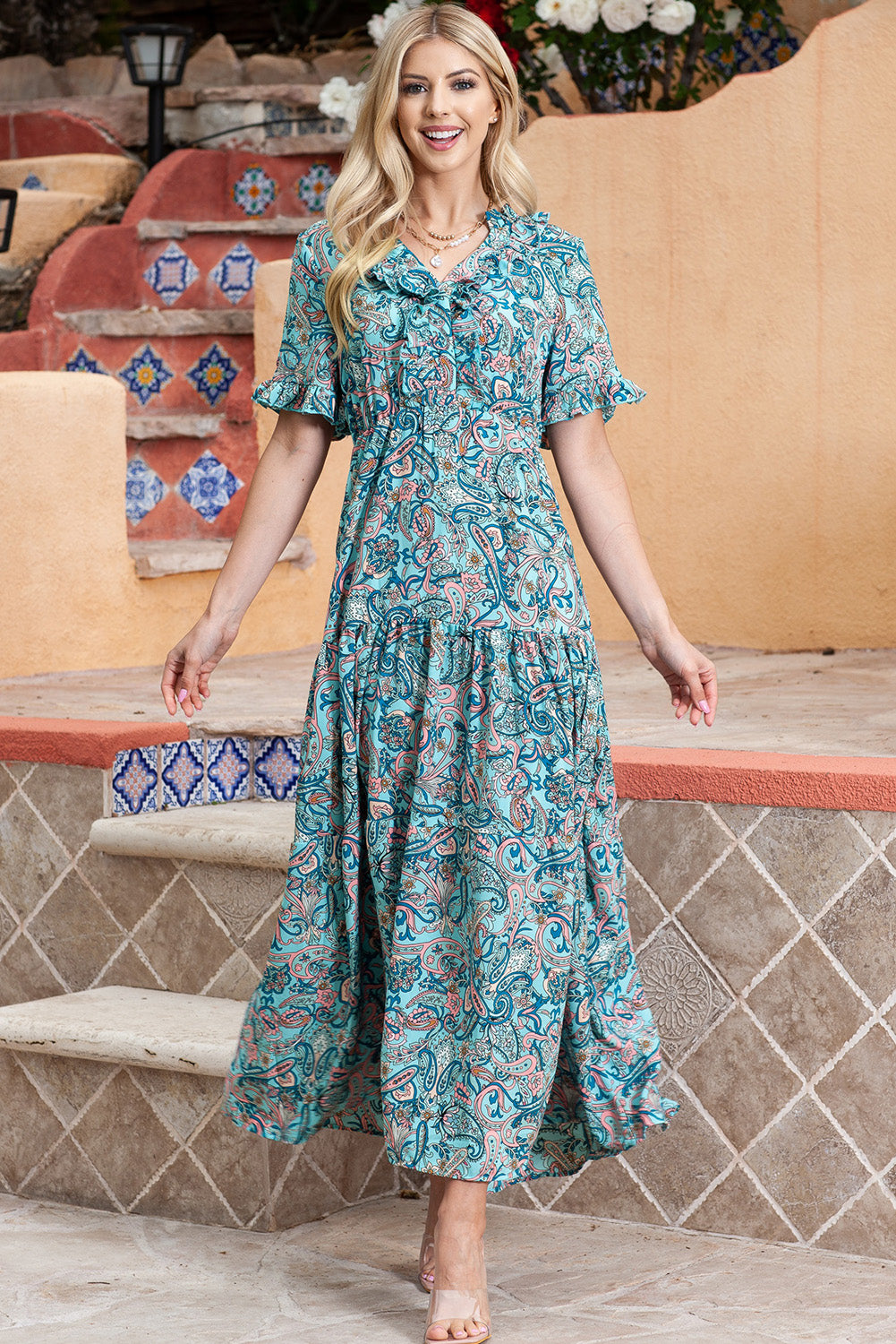 Paisley Print Flounce Sleeve Maxi Dress - felvior