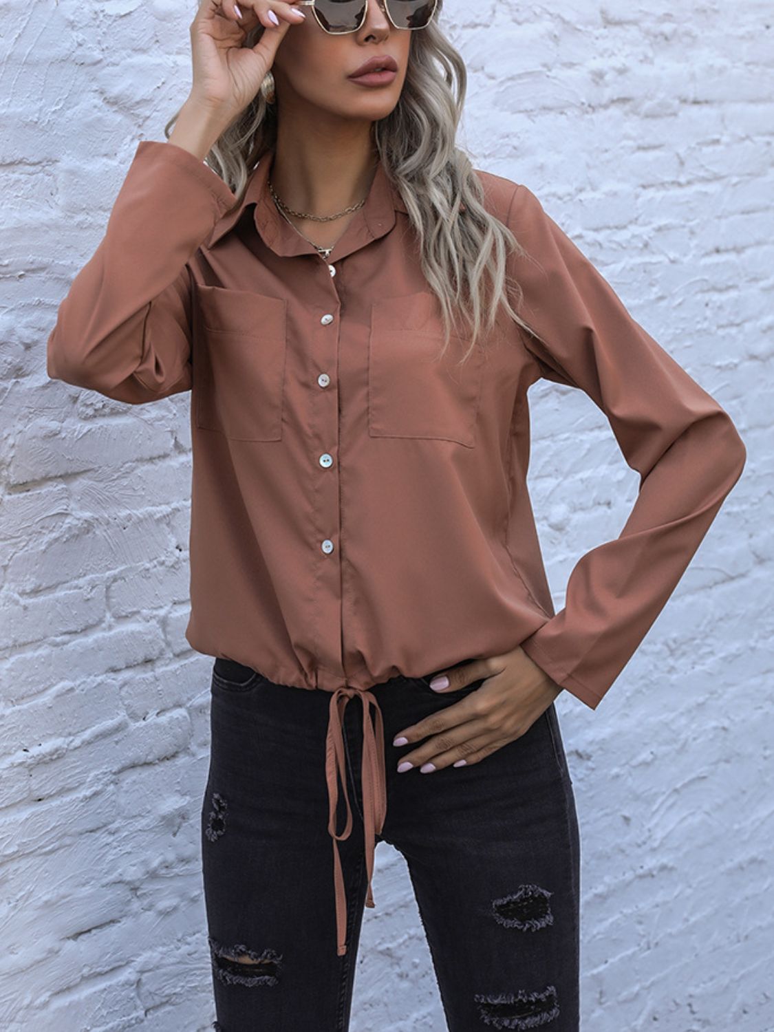 Perfee Tied Hem Button Down Long Sleeve Shirt - felvior