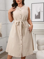 Plus Size Button Front Tie Waist Sleeveless Dress