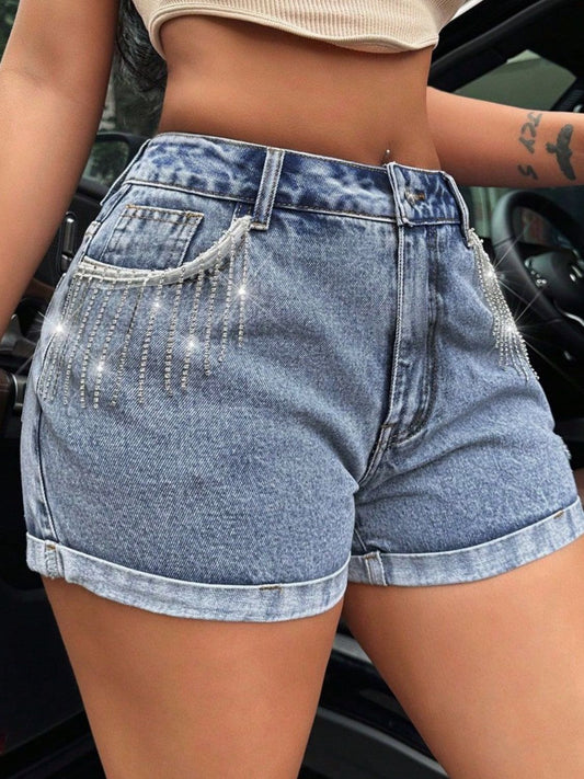 Rhinestone Fringe Denim Shorts - felvior