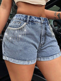 Rhinestone Fringe Denim Shorts - felvior