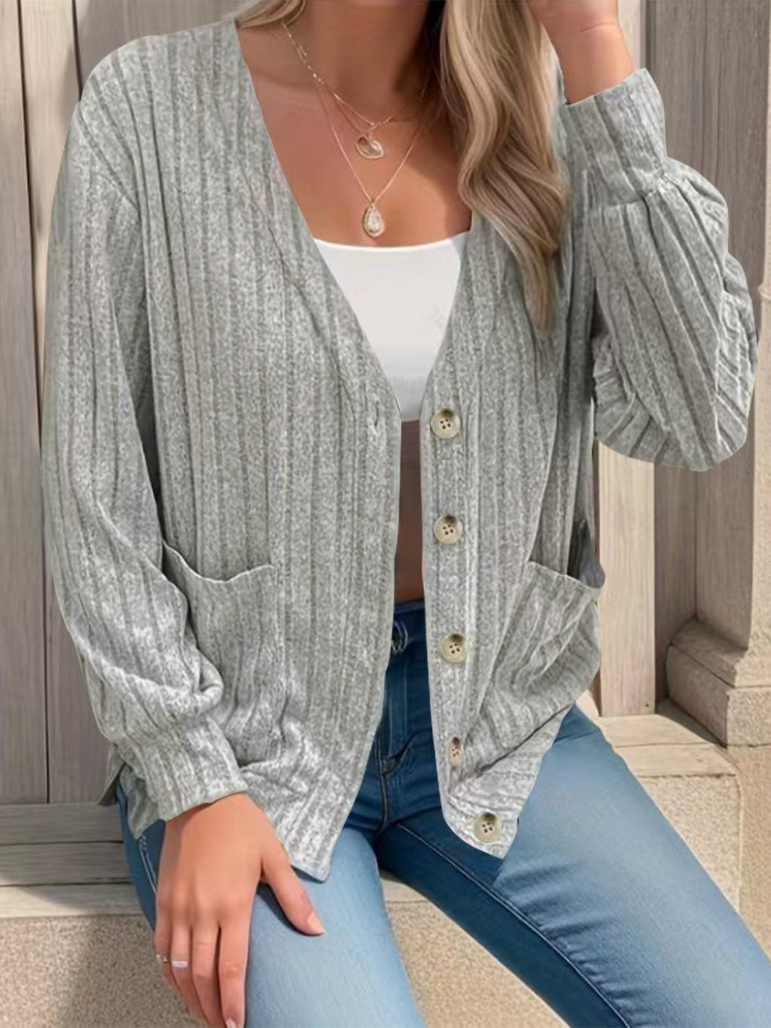 Full Size Button Up V-Neck Long Sleeve Cardigan - felvior