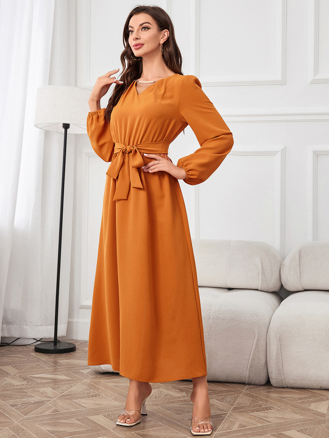 Tie Waist Puff Sleeve Maxi Dress - felvior