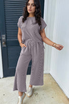 Corded Knit Short Sleeve T-Shirt and Wide Leg Pants Set
