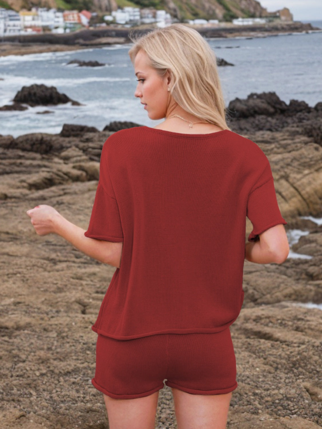 Round Neck Short Sleeve Top and Shorts Sweater Set