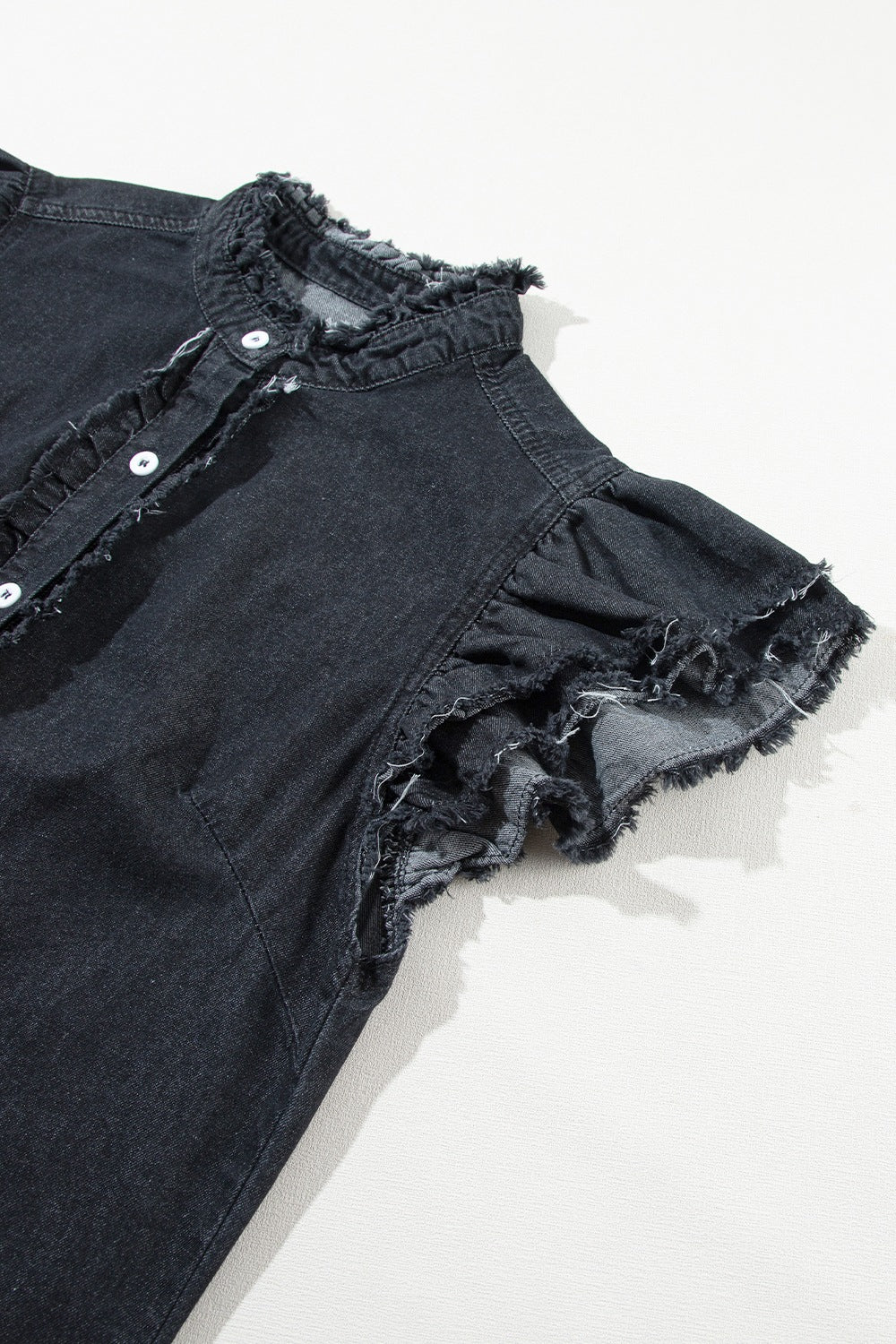 Button Down Raw Hem Ruffled Denim Shirt - felvior