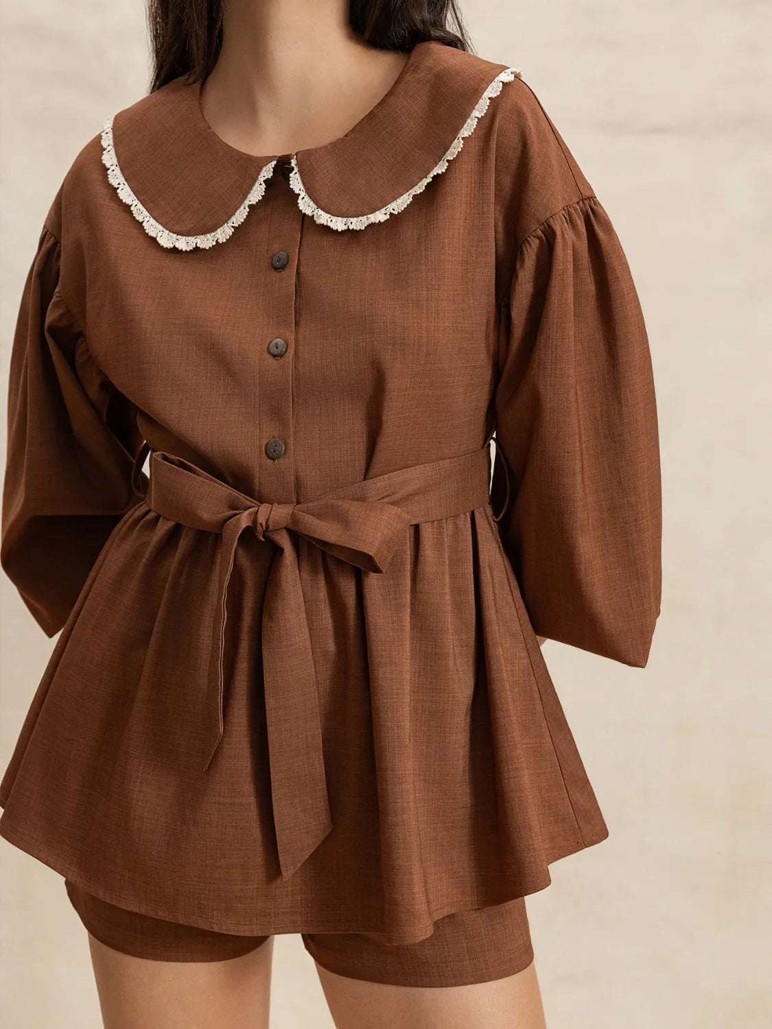 Peter Pan Collar Balloon Sleeve Top and Shorts Set - felvior