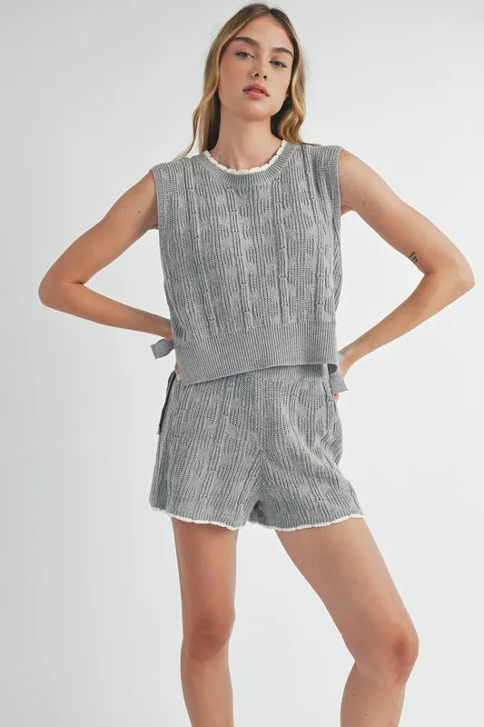 MABLE Side Tie Detail Knit Vest and Shorts Set - felvior