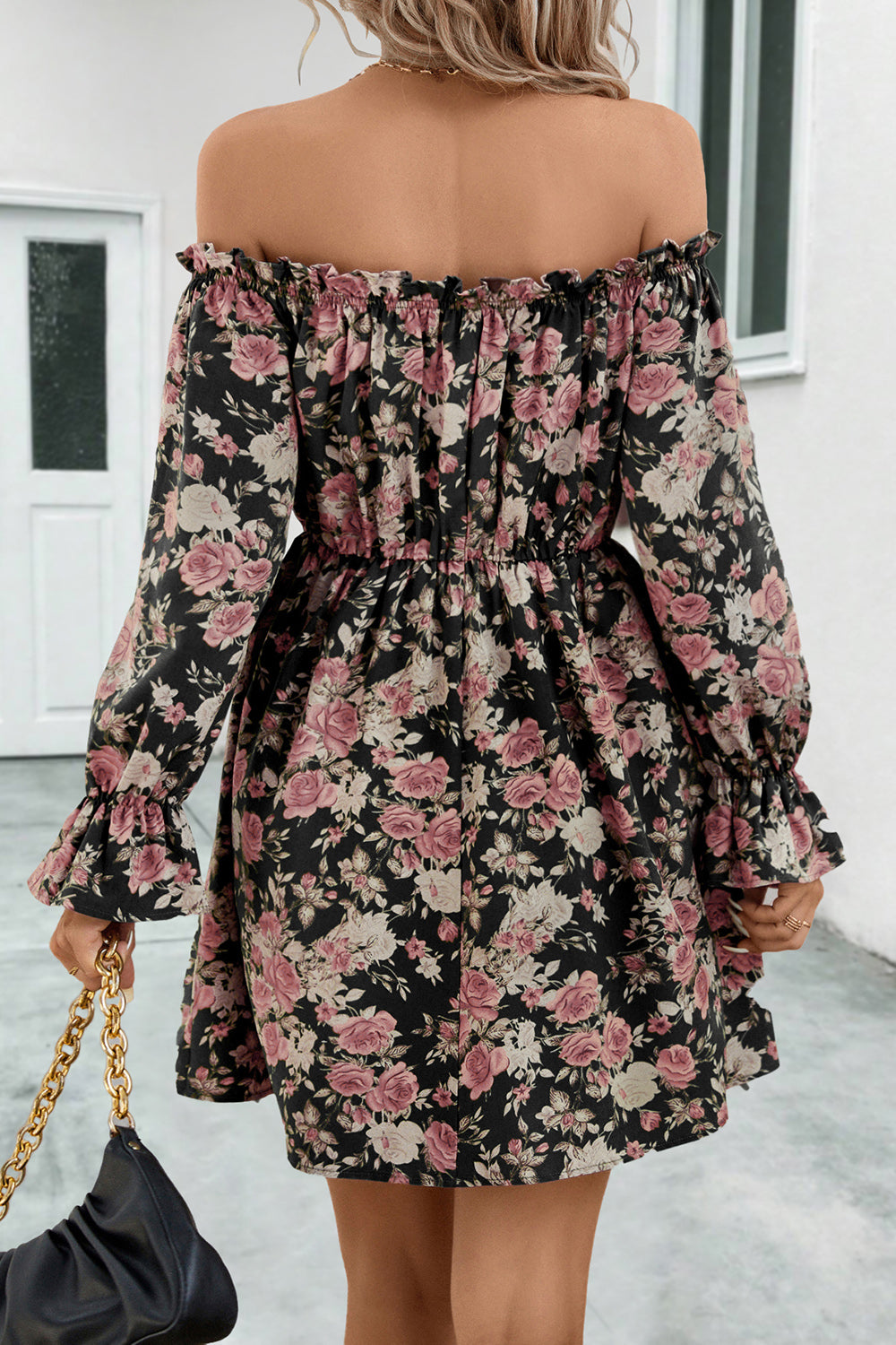 Floral Off-Shoulder Flounce Sleeve Dress - felvior