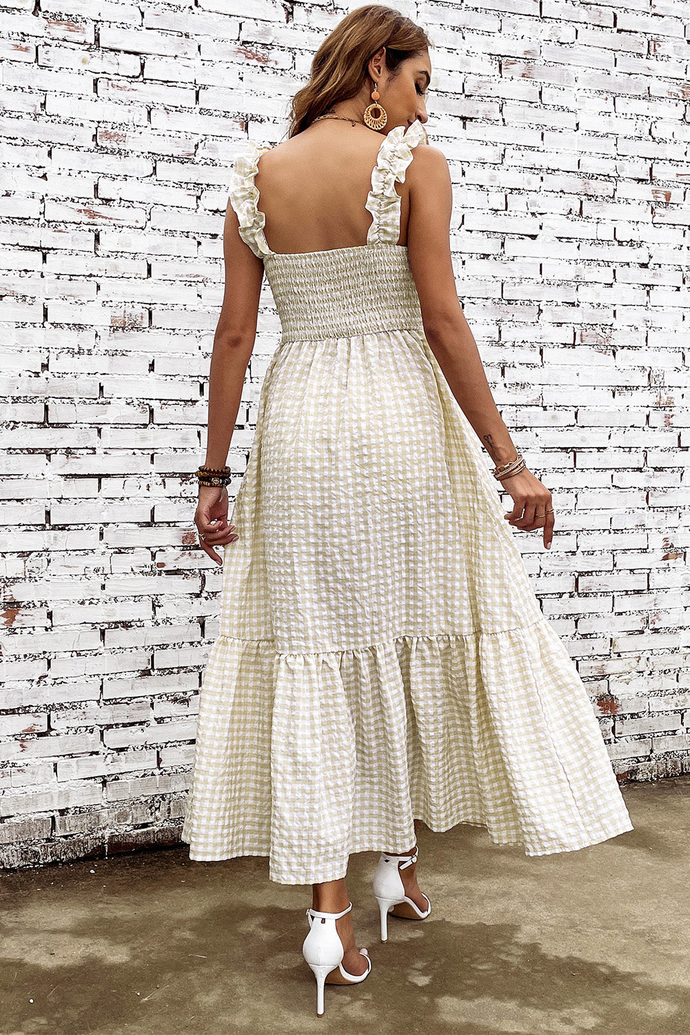 Plaid Ruffle Strap Square Neck Dress - felvior