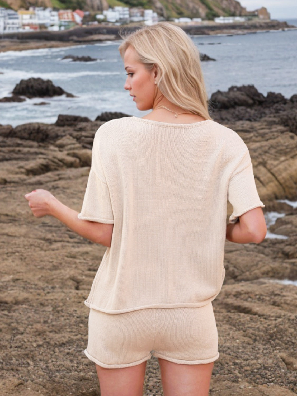 Round Neck Short Sleeve Top and Shorts Sweater Set - felvior