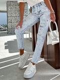 Distressed Star Straight Jeans with Pockets - felvior