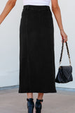Button Fly Side Split Denim Midi Skirt - felvior