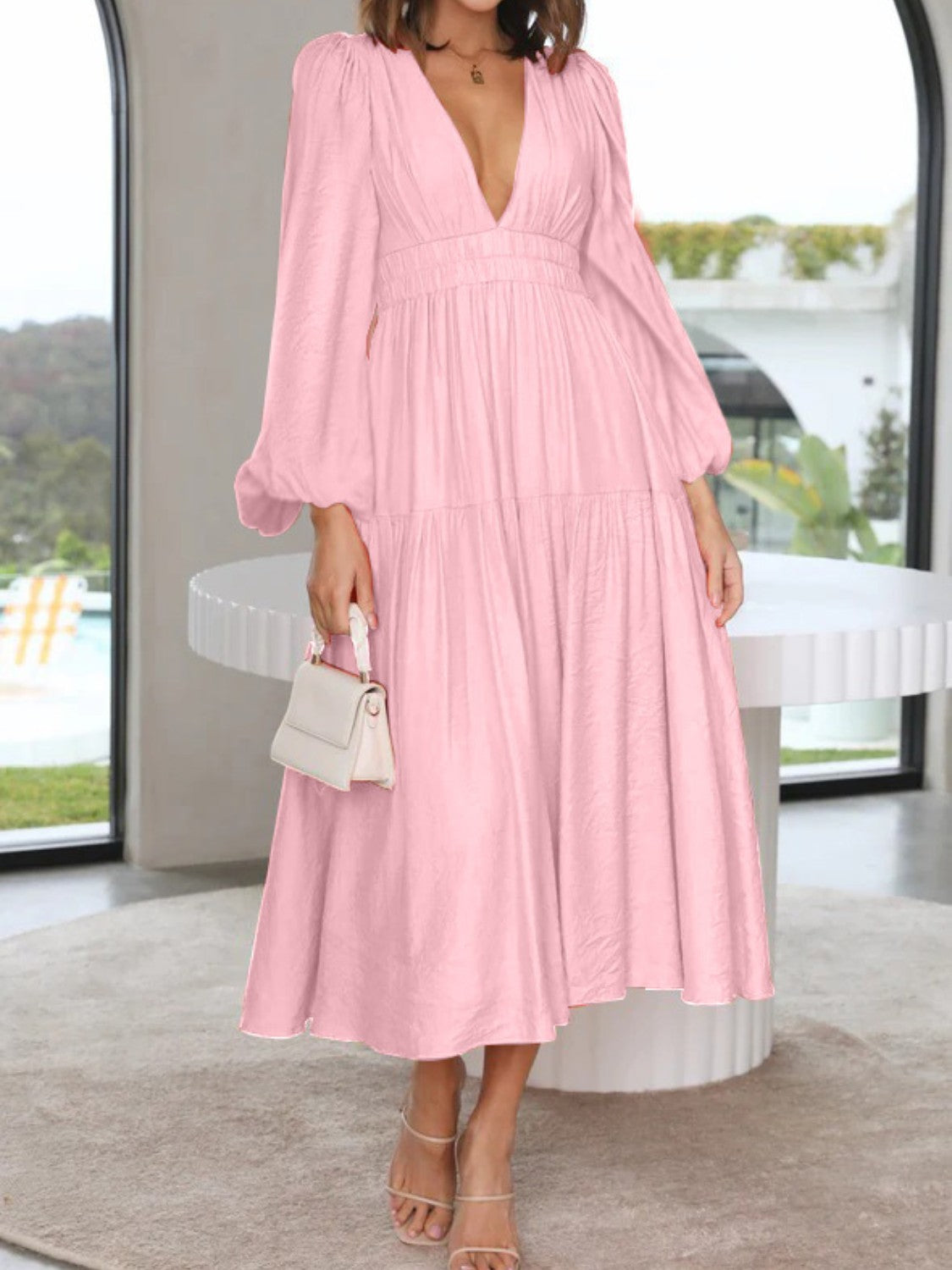 Deep V-Neck Balloon Sleeve Plain Maxi Dress - felvior