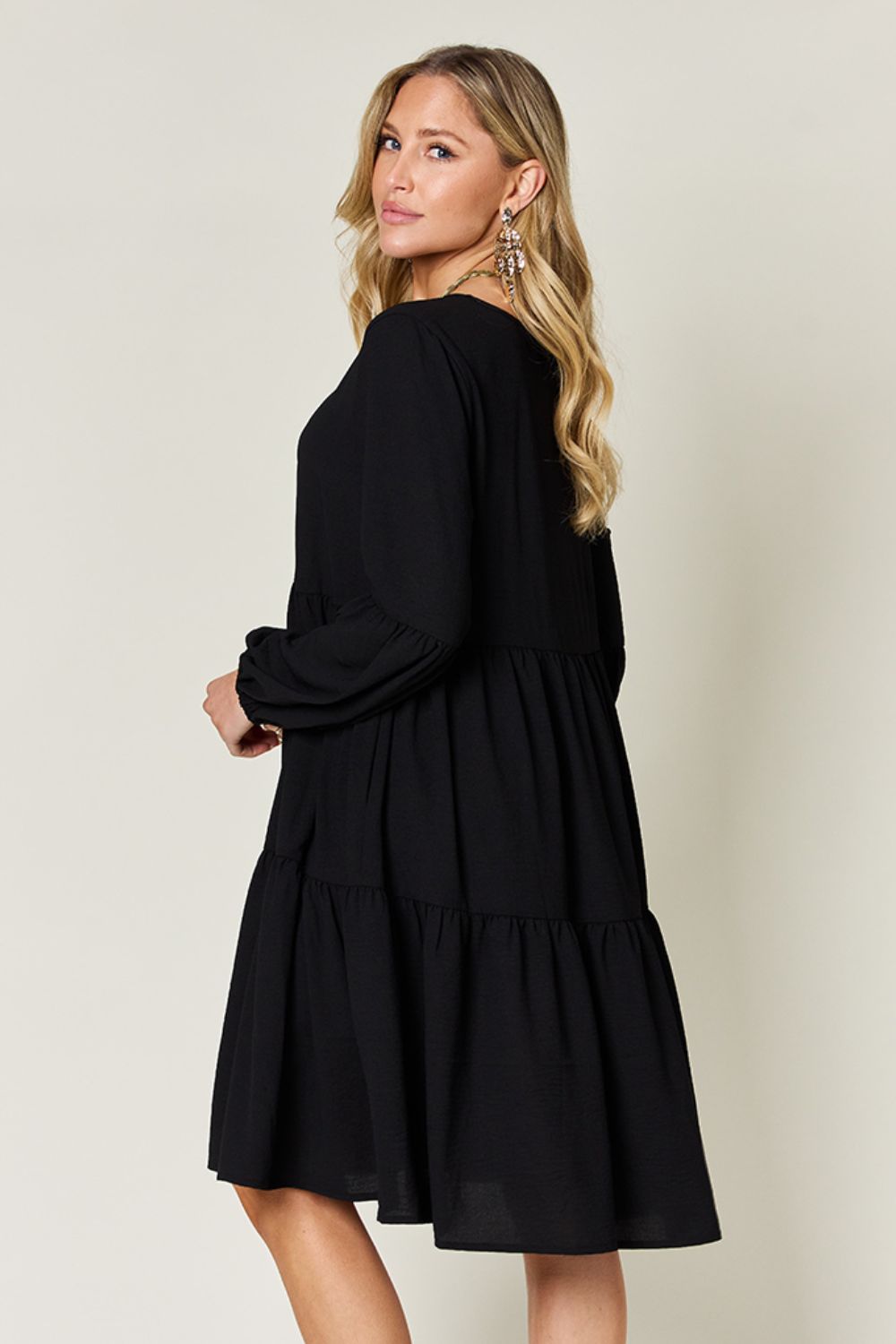 Double Take Full Size V-Neck Balloon Sleeve Tiered Dress with Pockets - felvior