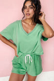 V-Neck Short Sleeve Loose Top and Drawstring Shorts Set - felvior