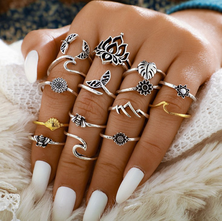Alloy Multi Shapes 15-Piece Ring Set - felvior