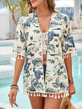 Tassel Printed Open Front Half Sleeve Cover-Up - felvior