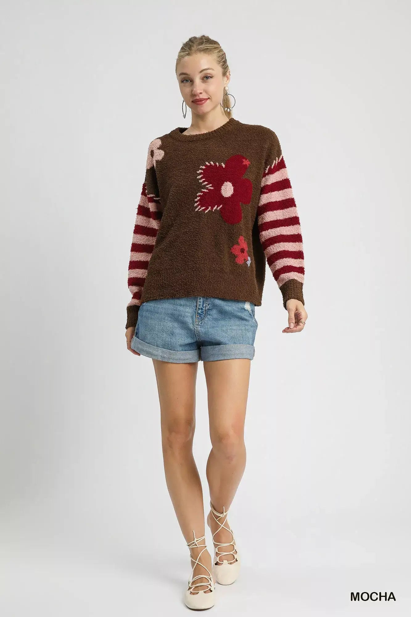Umgee Flower Jacquard Striped Long Sleeve Sweater
