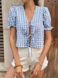 Perfee Tie Front Plaid Puff Sleeve Top - felvior
