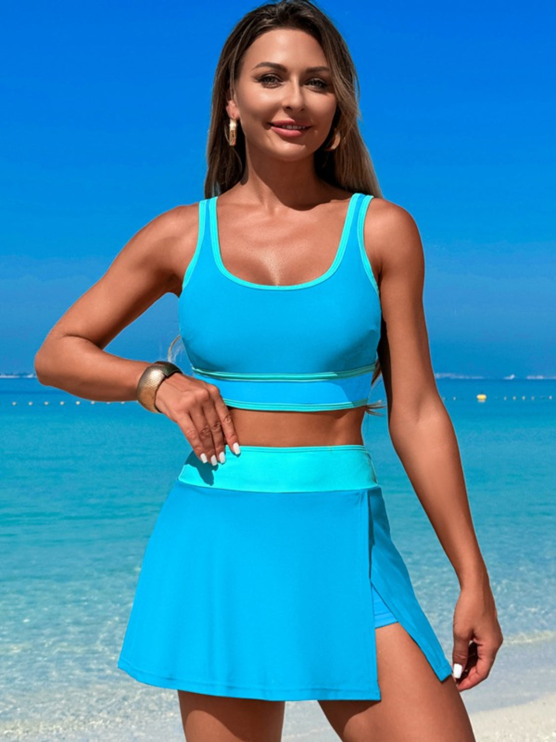 Scoop Neck Top and Skort Swim Set - felvior