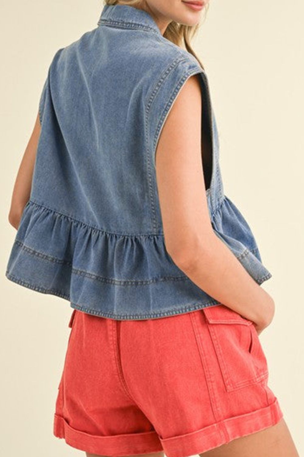 Lapel Collar Peplum Denim Top