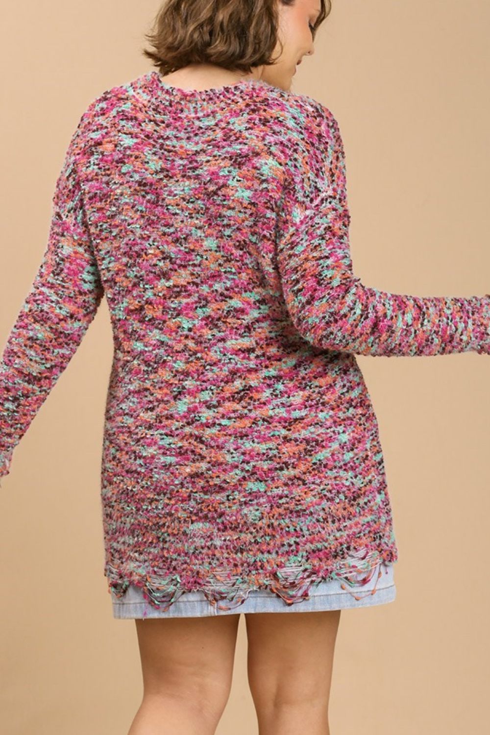 Umgee Full Size Distressed Hem Multicolored Round Neck Knit Tunic Dress Plus Size - felvior