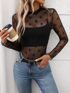 Floral Mock Neck Long Sleeve Mesh Top