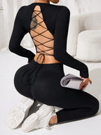 Lace-Up Back Round Neck Top and Leggings Active Set