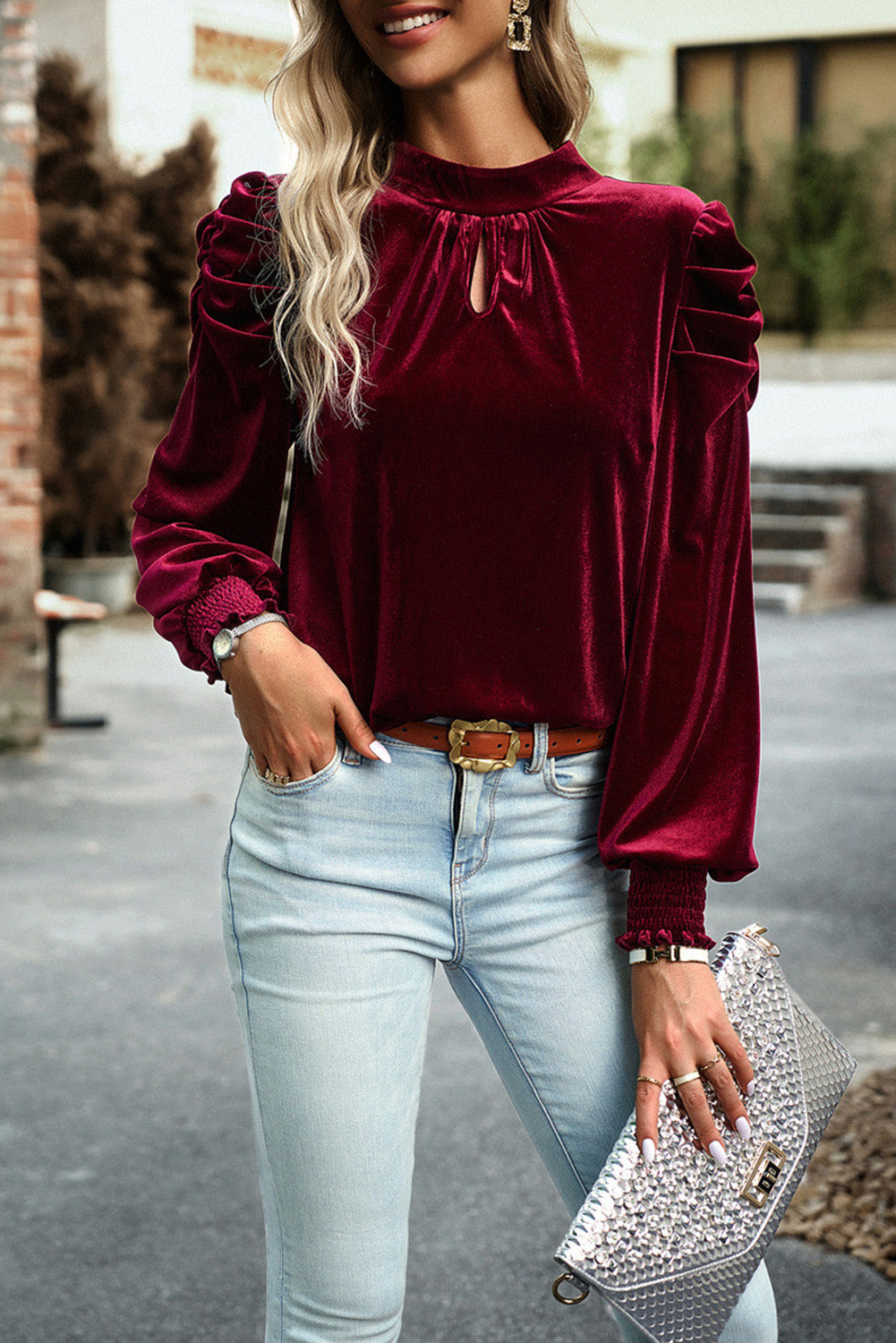 Tie Up Mock Neck Velvet Fabric Long Sleeve Blouse - felvior