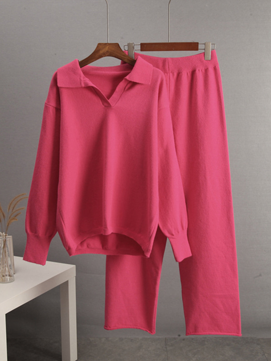 Johnny Collar Long Sleeve Top and Pants Sweater Set - felvior