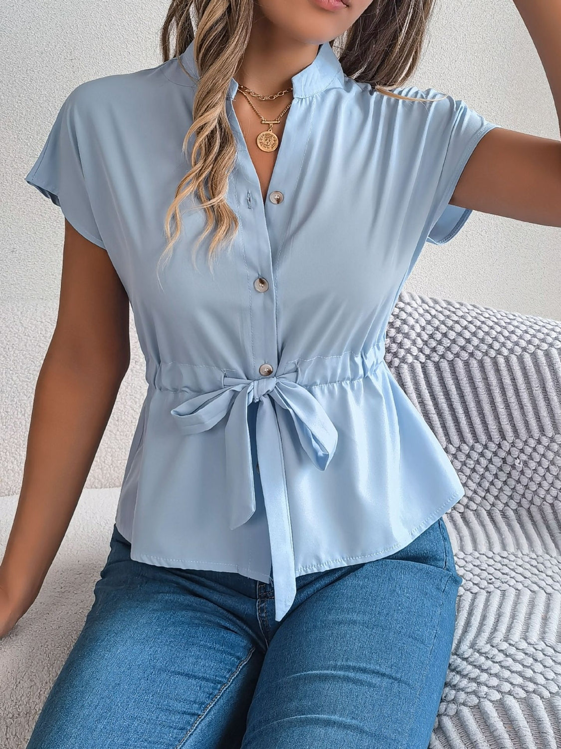Notched Short Sleeve Blouse - felvior