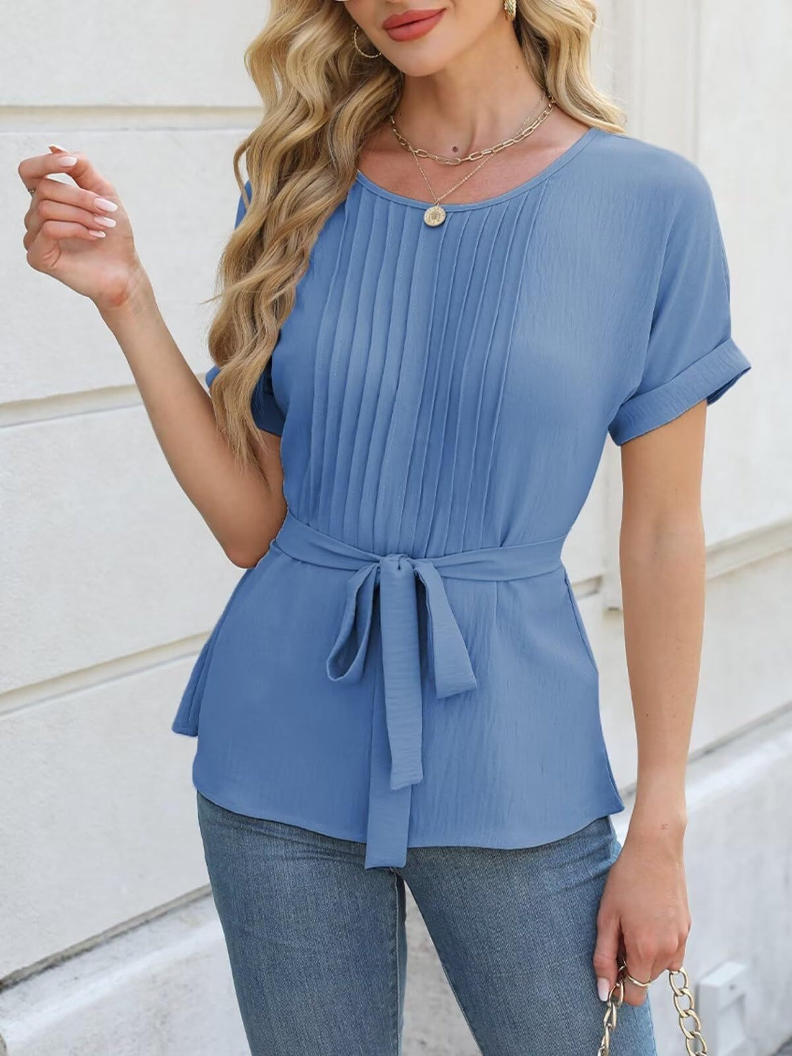Tied Pleated Round Neck Short Sleeve Top - felvior