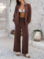 Devine Collared Neck Long Sleeve Top and Pants Set