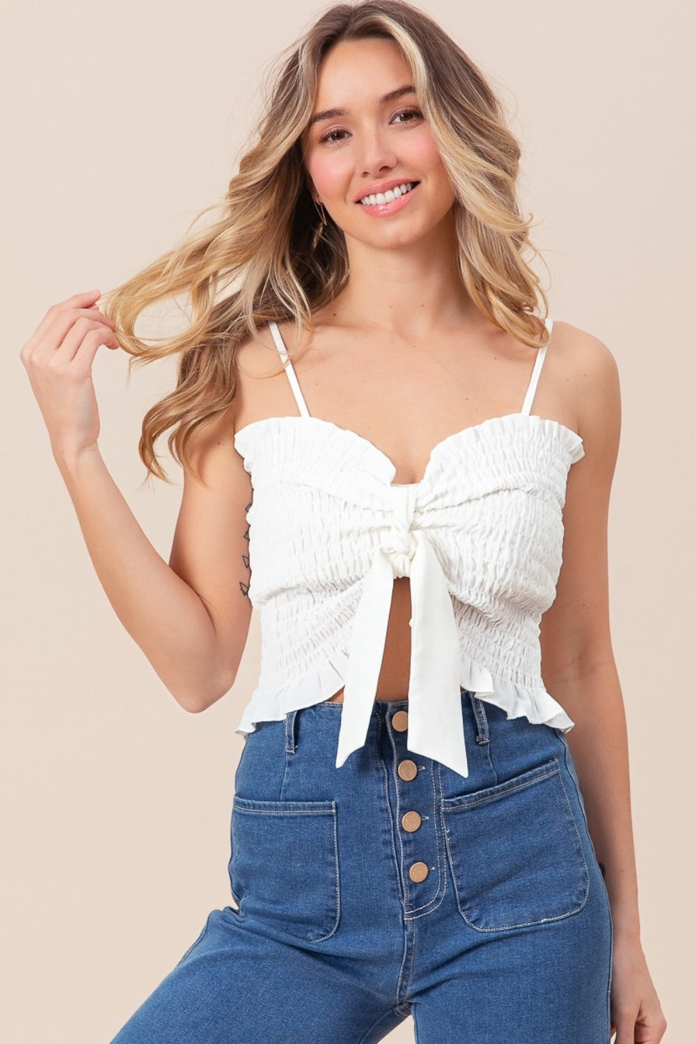 BiBi Ruffled Smocked Ribbon Detail Cami - felvior