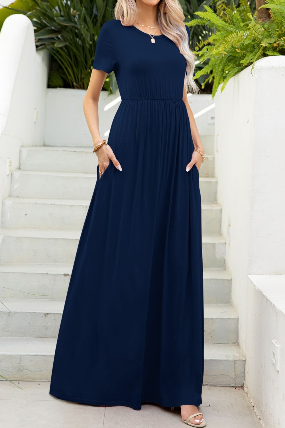 Round Neck Maxi Tee Dress with Pockets - felvior