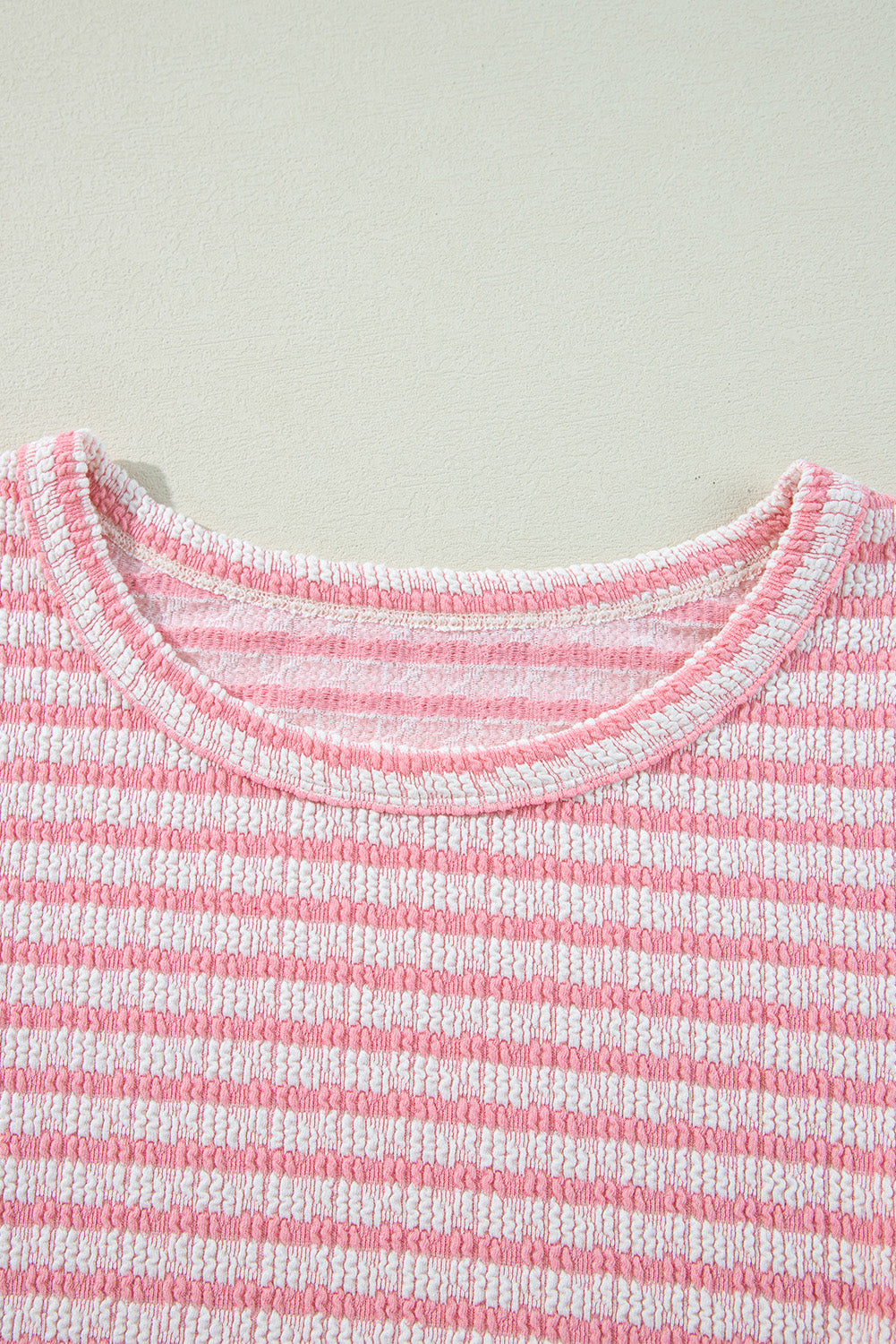 Stripe Textured Puff Sleeve Crewneck Top - felvior