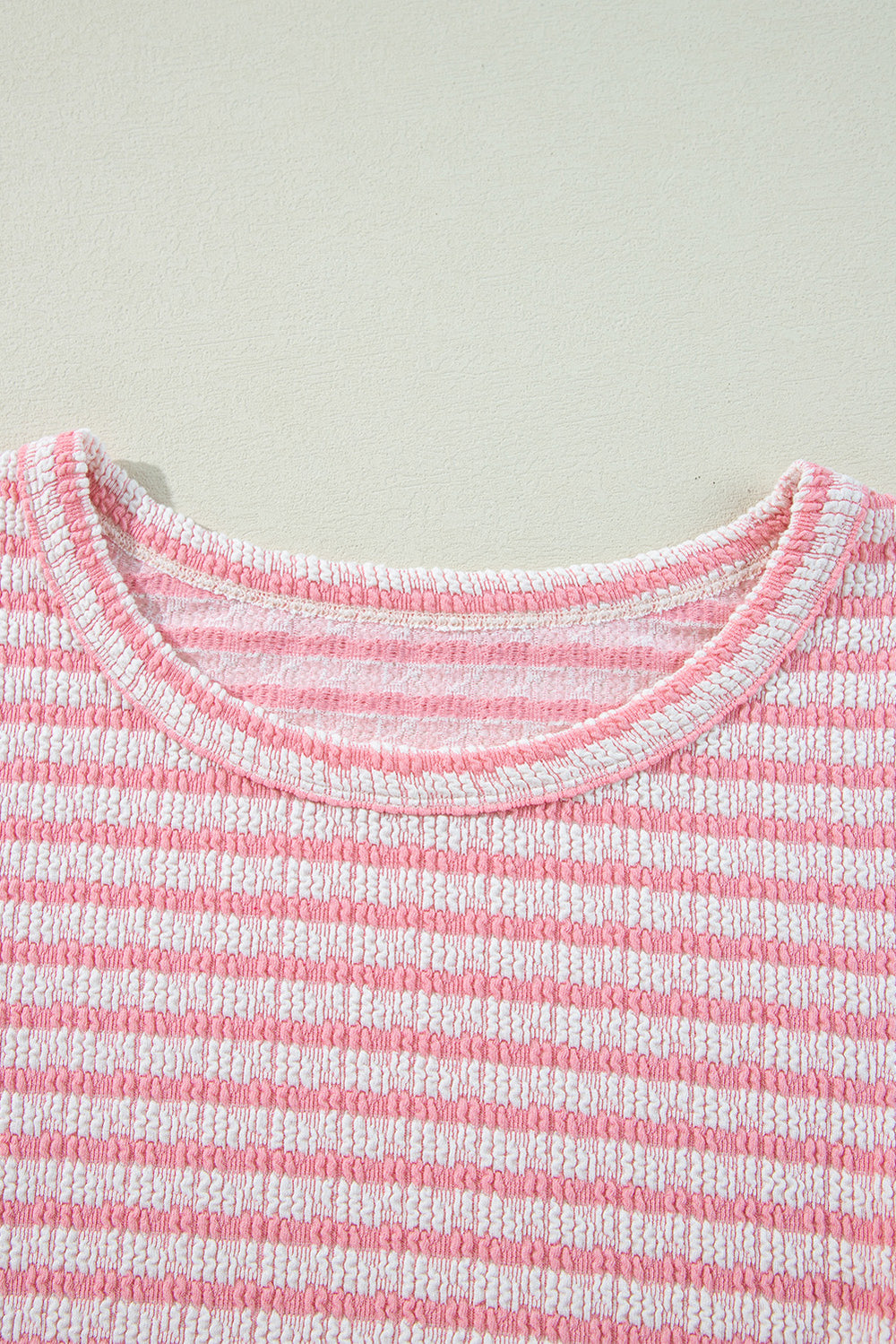Stripe Textured Puff Sleeve Crewneck Top