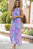 Printed Round Neck Slit Sleeveless Dress - felvior