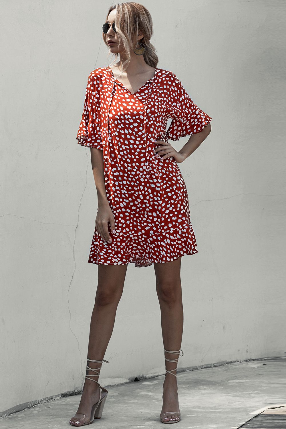 Tie Neck Flounce Sleeve Printed Mini Dress - felvior