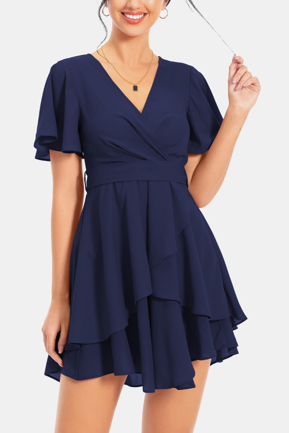 Surplice Neck Flutter Sleeve Dress - felvior