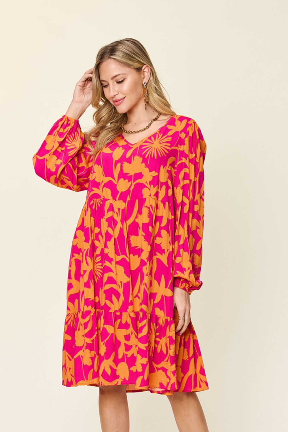 Double Take Full Size Printed Ruffle Hem Dress with Pocket - felvior