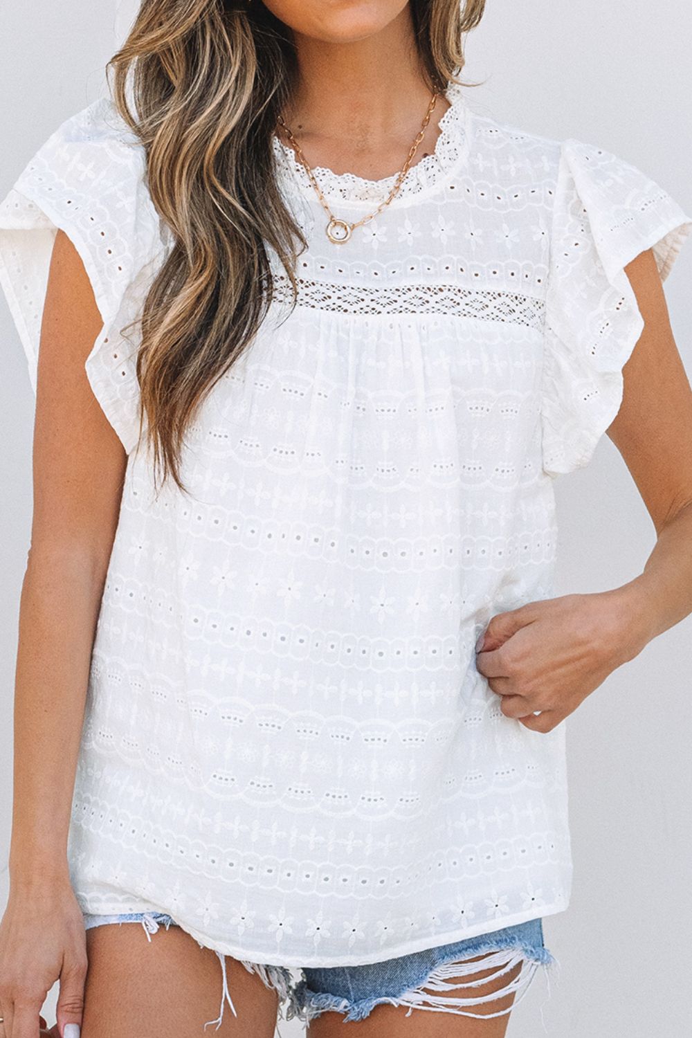 Lace Round Neck Flutter Sleeve Eyelet Blouse - felvior