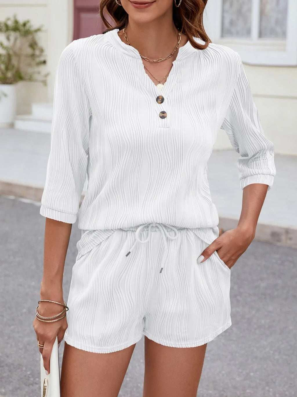 Textured Notched Top and Drawstring Shorts Set