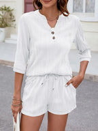 Textured Notched Top and Drawstring Shorts Set