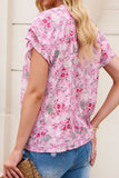 Floral Half Button Round Neck Short Sleeve Blouse - felvior
