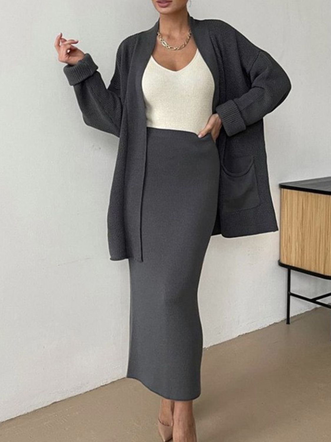 Pocketed Long Sleeve Cardigan and Skirt Sweater Set - felvior