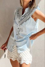 Frill Button Down Ruffled Cap Sleeve Denim Top
