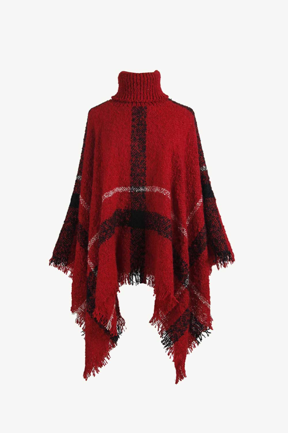 Plaid Turtleneck Raw Hem Poncho - felvior